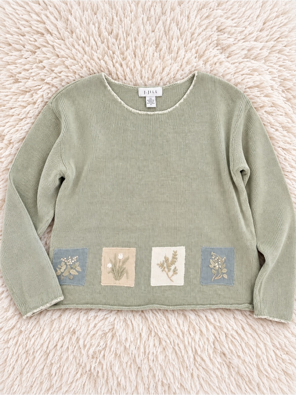 VTG J.Jill Sweater Medium Sage Green Knit Floral Embroidered Patchwork Pullover